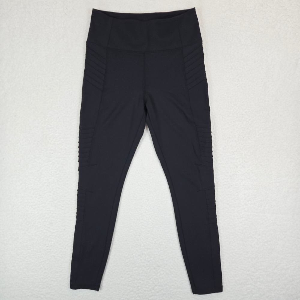 Athleta Women Delancey Moto Tight M Black Ribbed High Rise Legging Pockets Biker